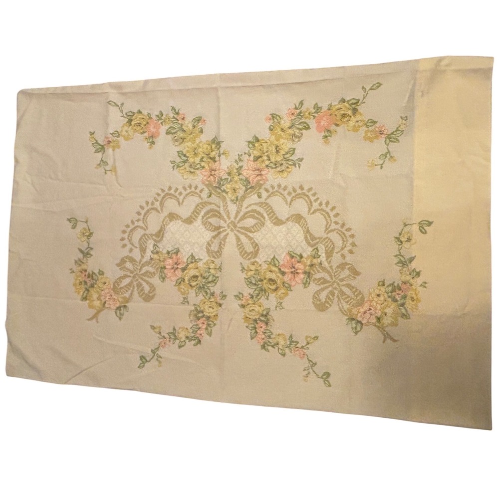 Vintage Floral Bow Pillowcase Standard Yellow Percale‎ Made in USA Retro